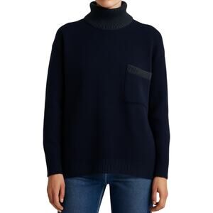 Christian Dior Turtleneck Merino Wool Sweater Chest Pocket Ribbed Trim Navy S